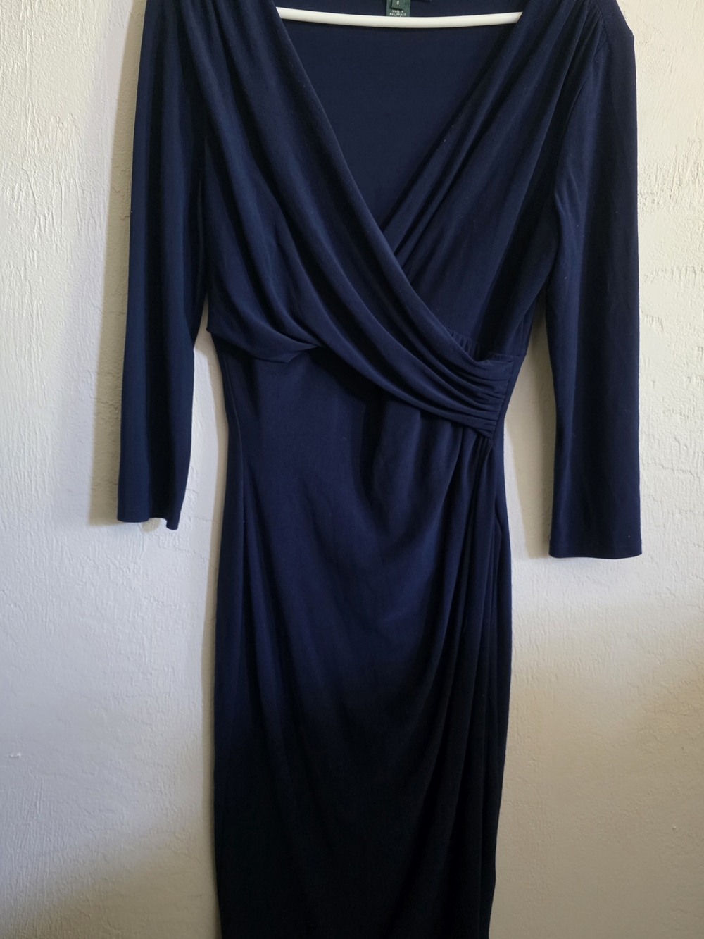 Lauren Ralph Lauren Navy Blue Faux Wrap Dress Ruched Jersey Sheath 3/4 Sleeve